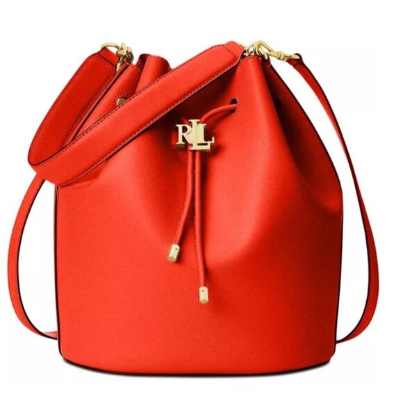 Lauren Ralph Lauren Leather Large Andie Drawstring Bag, Red NWOT - Picture 1 of 16